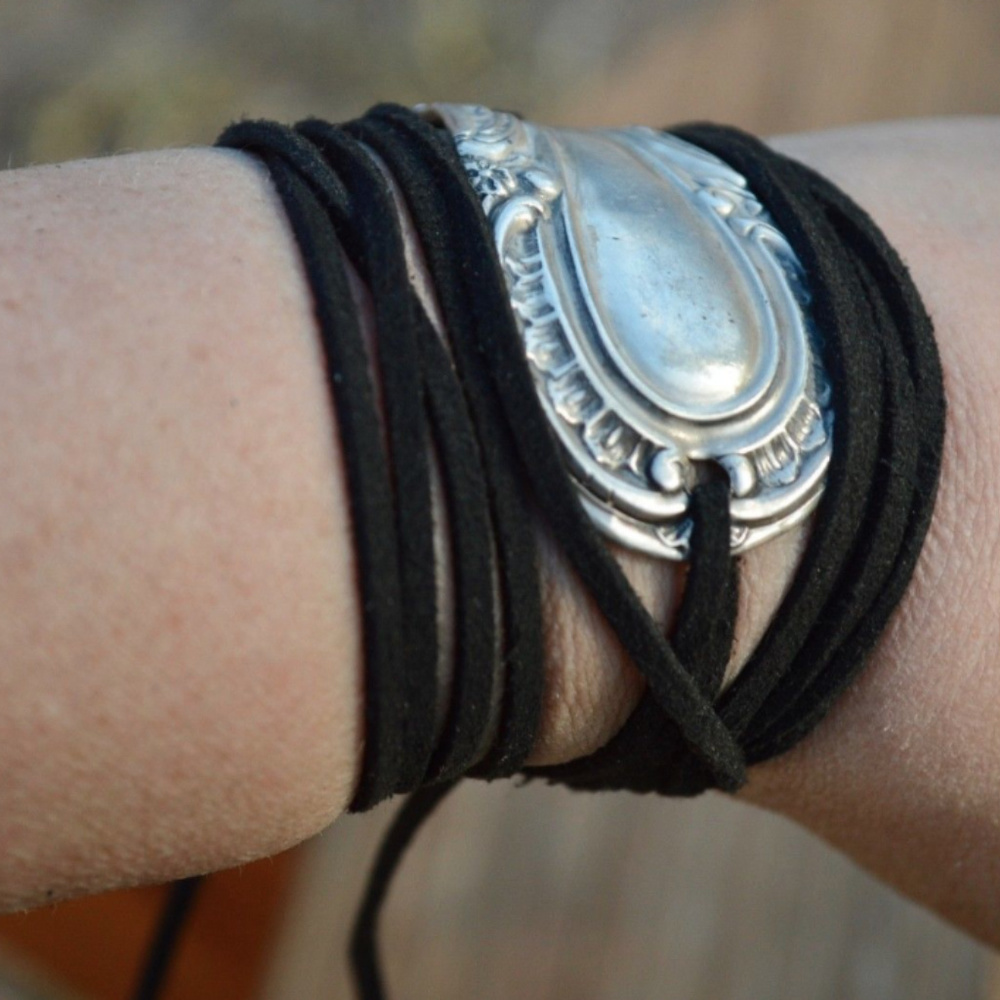 Sterling Silver Yoga Tie Wrap Bracelet Cuff Suede 925 Gorham Antique leather - Picture 6 of 7
